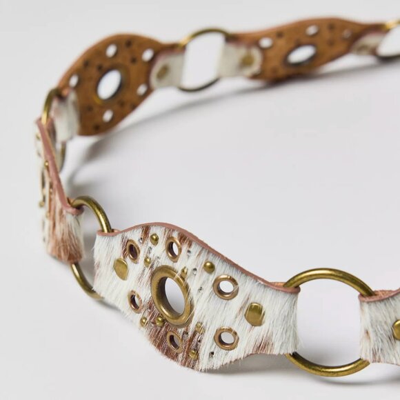 Urban Outfitters Gold Riveted Brown Cream Cow Print Calf Hair Tie Belt women 41\